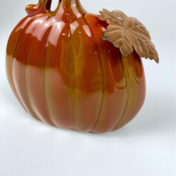 Ceramic Pumpkin with Metal Leaf Fun Festive Home Decoration Shelf Sitter 5.25" - Picture 8 of 12